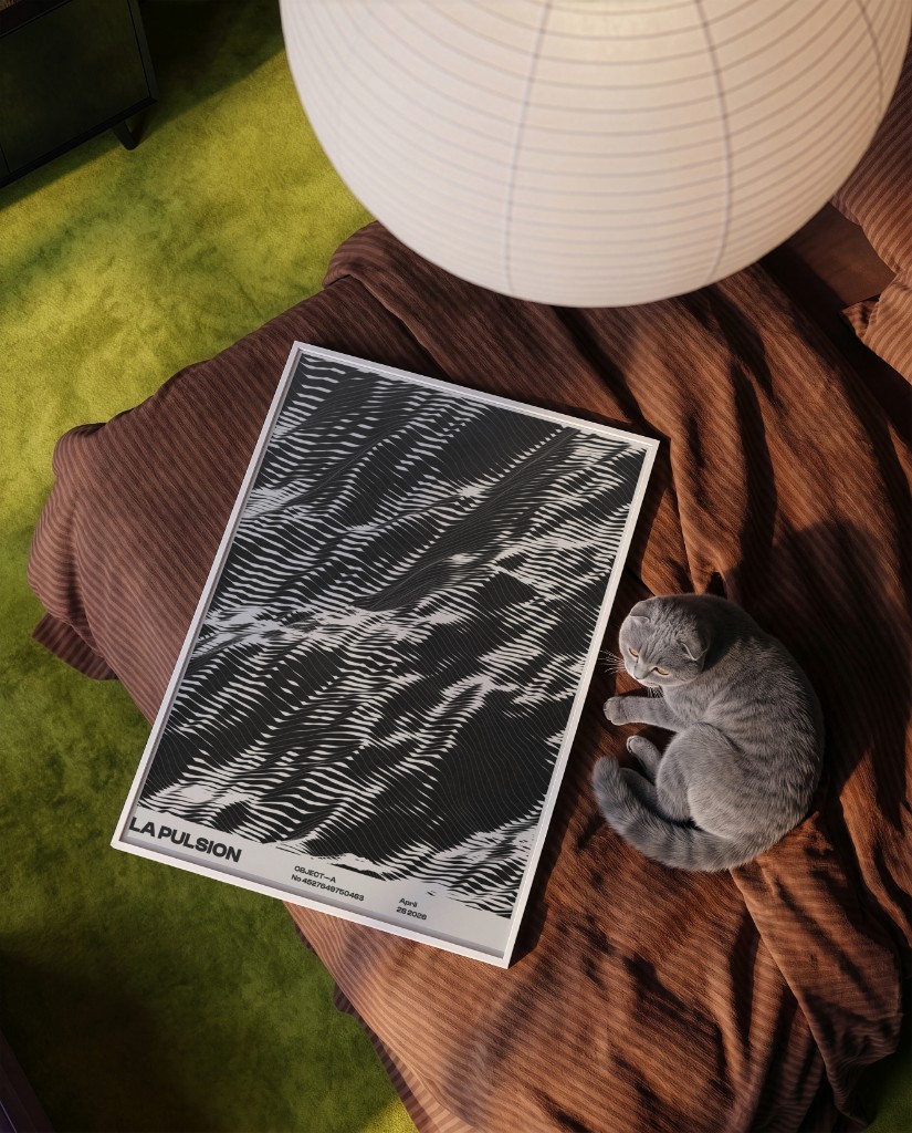 A framed OBJECT A poster &mdash; La Pulsion &mdash; resting on a bed beside a sleeping cat, lit by a paper lantern.