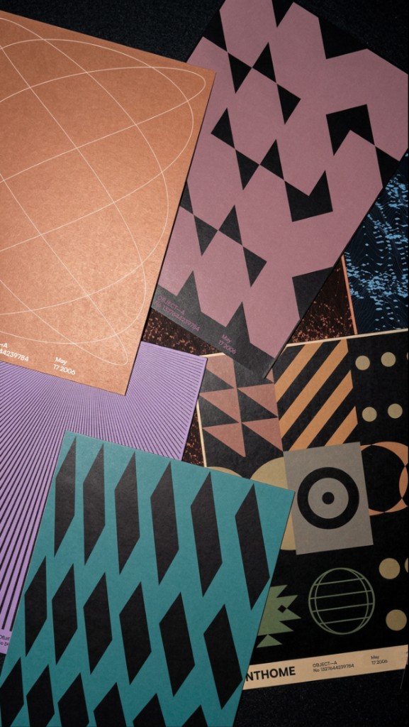 A collage of OBJECT A posters &mdash; geometric, chromatic and harmonic compositions on coloured paper.